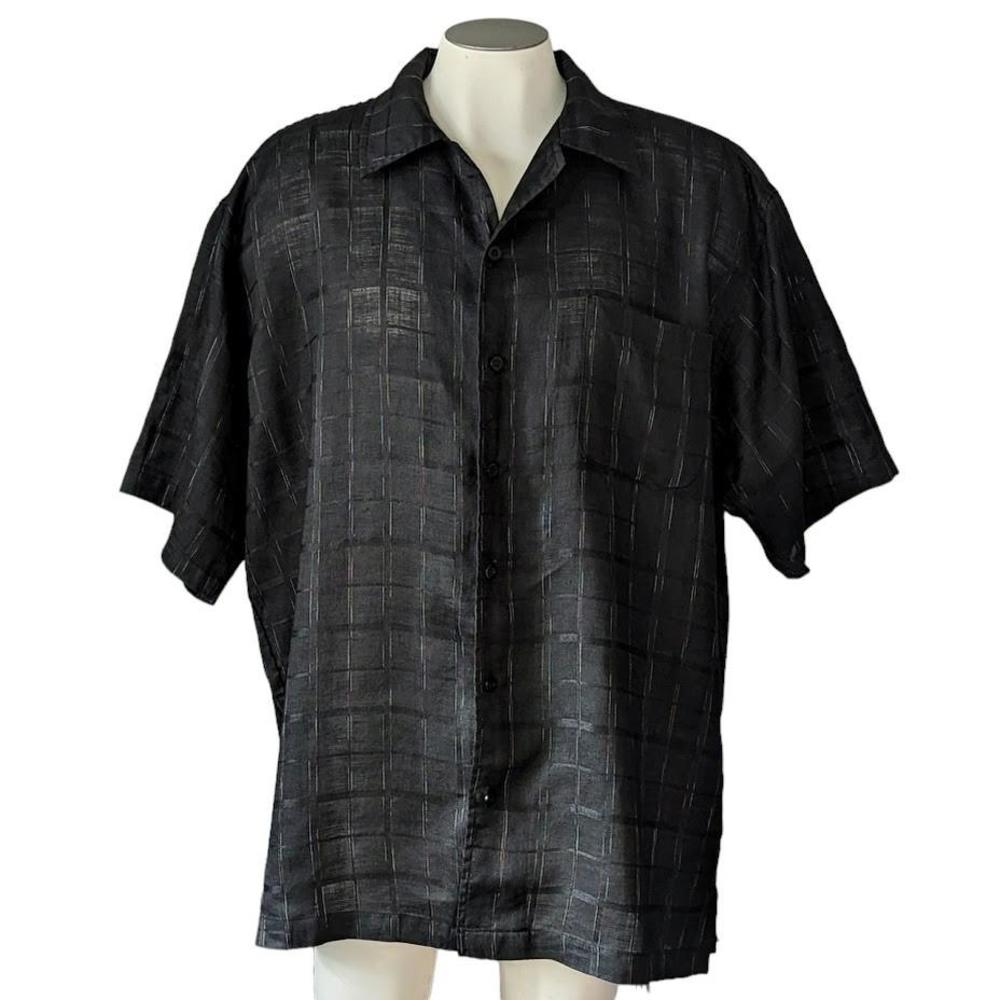 Tank Linen Shirt Black Short Sleeves Button Down Casual Resortwear Vacation XL